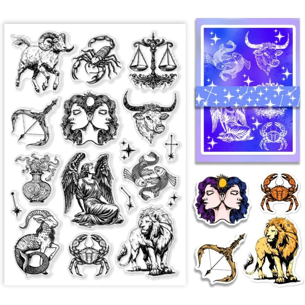 Twelve Zodiac Signs Clear Stamps Star Rubber Stamps Transparent Silicone Seals Stamp for Paper Crafting Handmade Making Kit