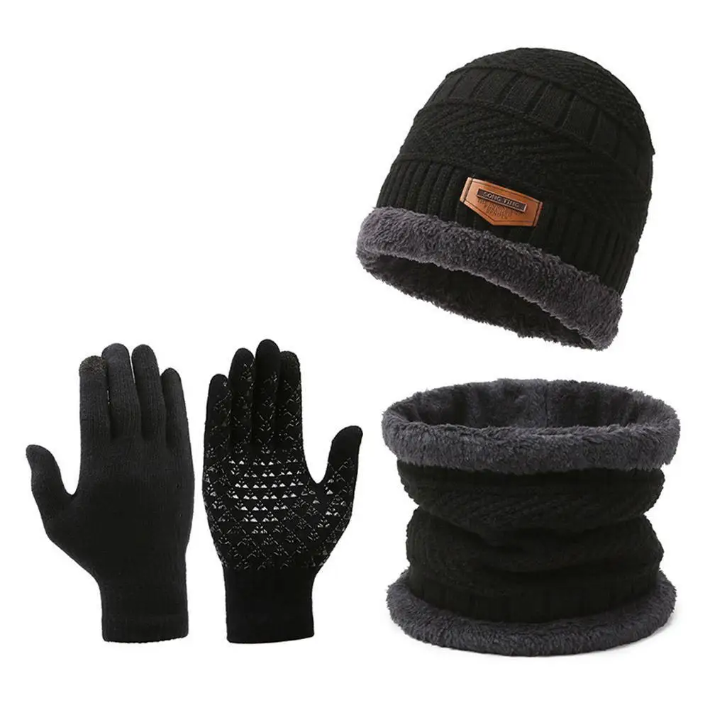 New Winter Warm Velvet Hat Scarf Gloves Set Winter Hats Knit Cap Men And Women Velvet Hat Coral Fleece Scarf Outdoor Rid