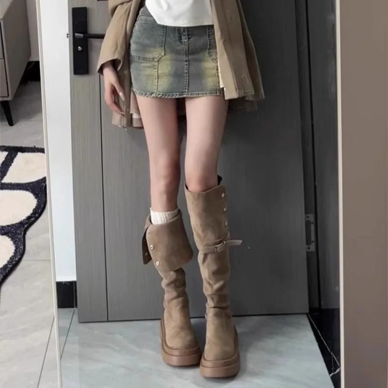 Aliexpress Two‑Way‑Wear Suede Convertible Riding Boots, Chunky Platform, Slouchy Knee‑High Tall Boots, Fleece‑Lined Option Available - Aliexpress Deal