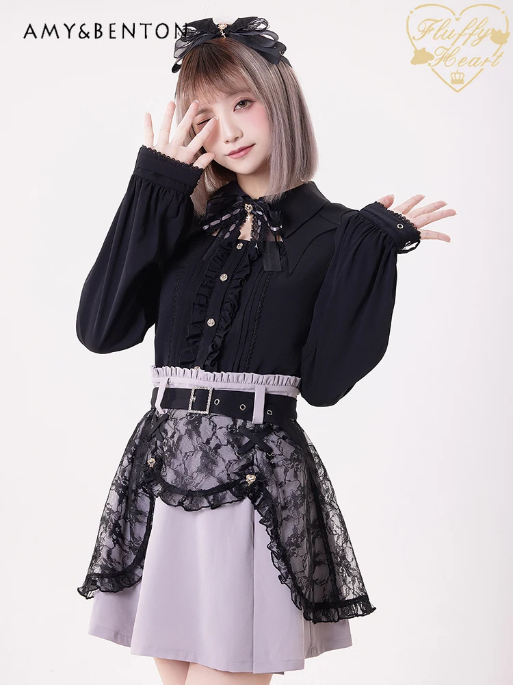 Japanese Style Lace Drill Buckle Belt Double Black Skirt for Women Sweet Lolita Kawaii Cute Mini Skirt Summer New Skirts Faldas