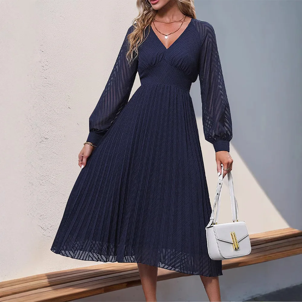 

Women Dress Long Dresses A Line High Waist Vestidos Streetwear V Neck Full Sleeve Party Work Elegant Splice Y2k Autumn 2025