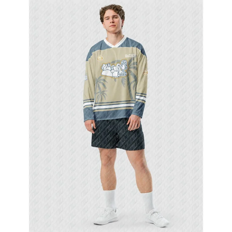 Popular Cultural Clothing, Trendy Ice Hockey Jerseys, V-neck Sports Long Sleeves, Beach Adventure Ice Hockey Jerseys