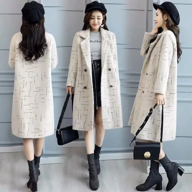 Fashion New Thick Imitation Mink Velvet Women Woolen Coat Autumn Winter Jackets Double Breasted Suit Collar Female Outwear