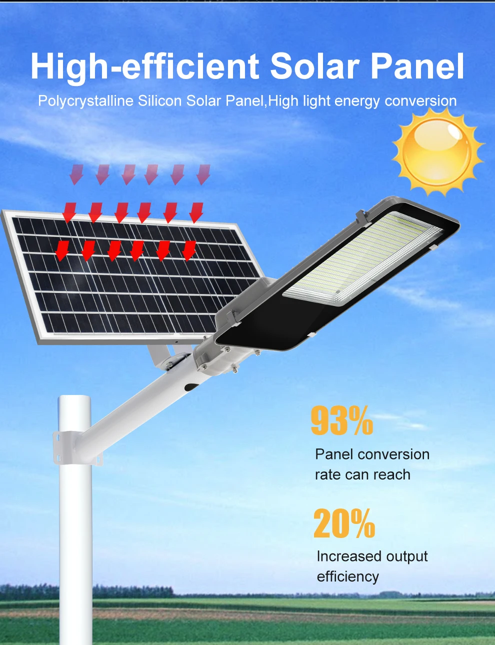 300W Solar-Straßenleuchte für den Außenbereich, superhelle, hocheffiziente Solarpanele, Fernbedienung, wasserdicht, IP67, für öffentliche Bereiche – Detail 6