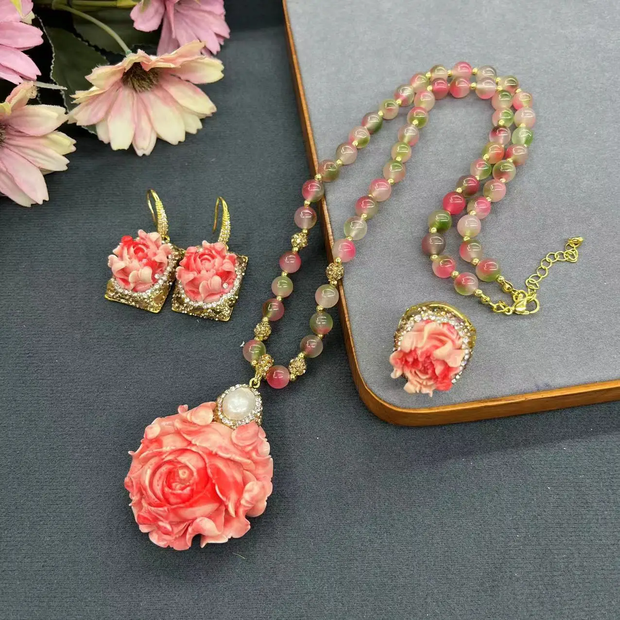 DIY accessories Internet celebrity live broadcast of the same shell powder pressed peony flower three-piece set of high-end atmo