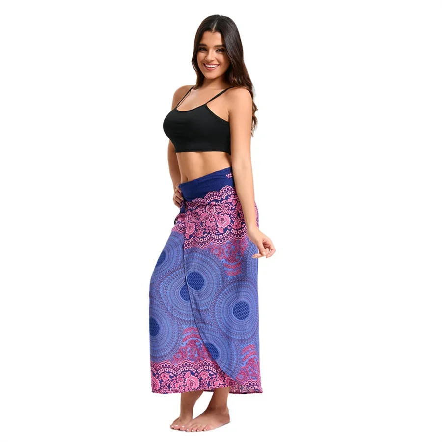 Abito da donna Boho Maxi Wrap Gonna lunga con allacciatura Abito da spiaggia Copricostume Abito vintage bohémien regolabile a vita alta in rayon
