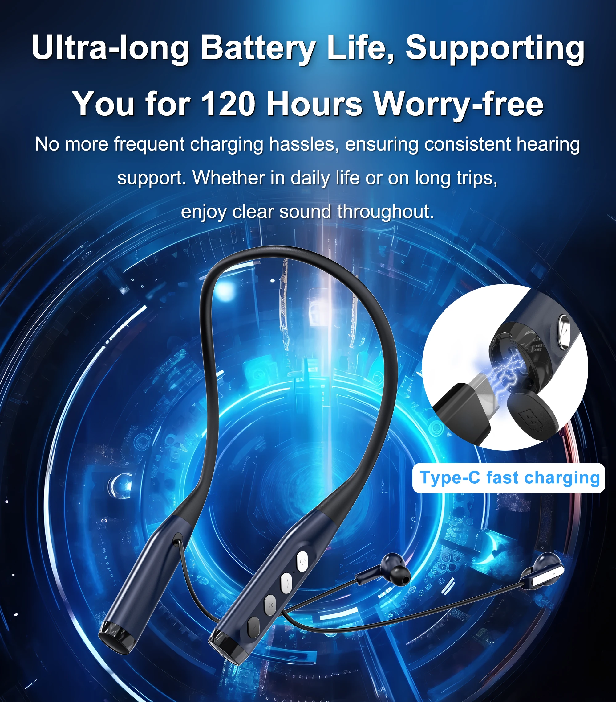 Rechargeable Neckband Hearing Aid Digital Hearing Aid Adjustable Tone Sound Amplifier Portable Deaf Elderly Hearing Aids 120H