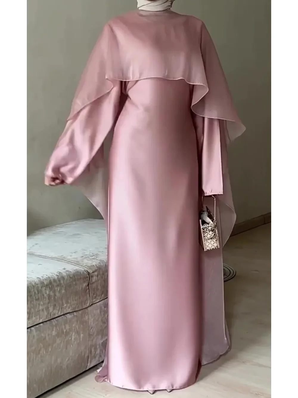 Women Dress Cape Silky Pink Party Dresses Abaya Muslim Jalabiya Ramadan Vestidos Largos Islam Arab Long Robe Dubai 2026 Eid