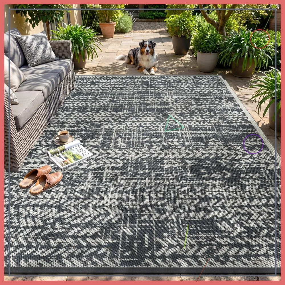 

Waterproof Outdoor Rug 8x10 - Patio Mat for Camping, Picnic, Beach, RV - Plastic Straw Mat for Balcony, Deck, Backyard - Grey