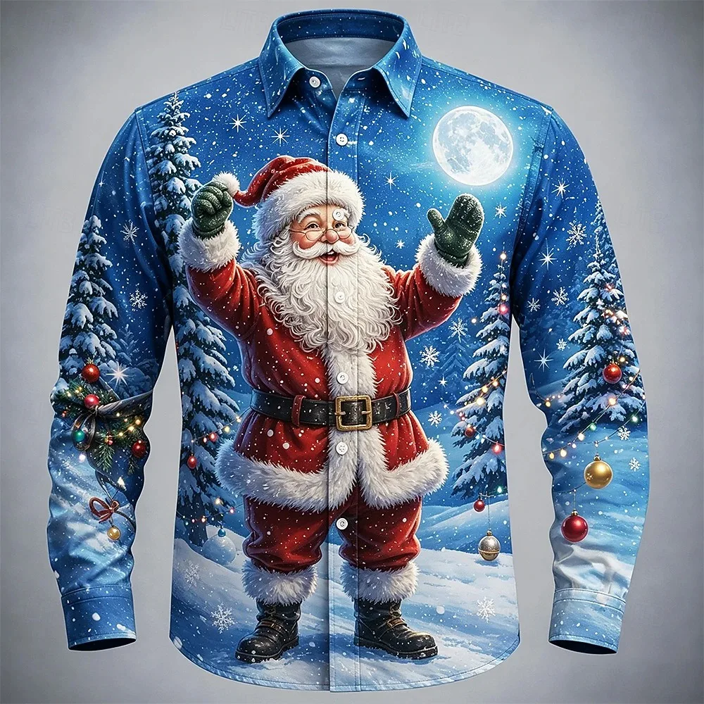 Christmas Men's Santa Claus Christmas Tree Christmas Bell Shirt Button Up Shirt Casual Formal Shirt Long Sleeve Fashion Casual V