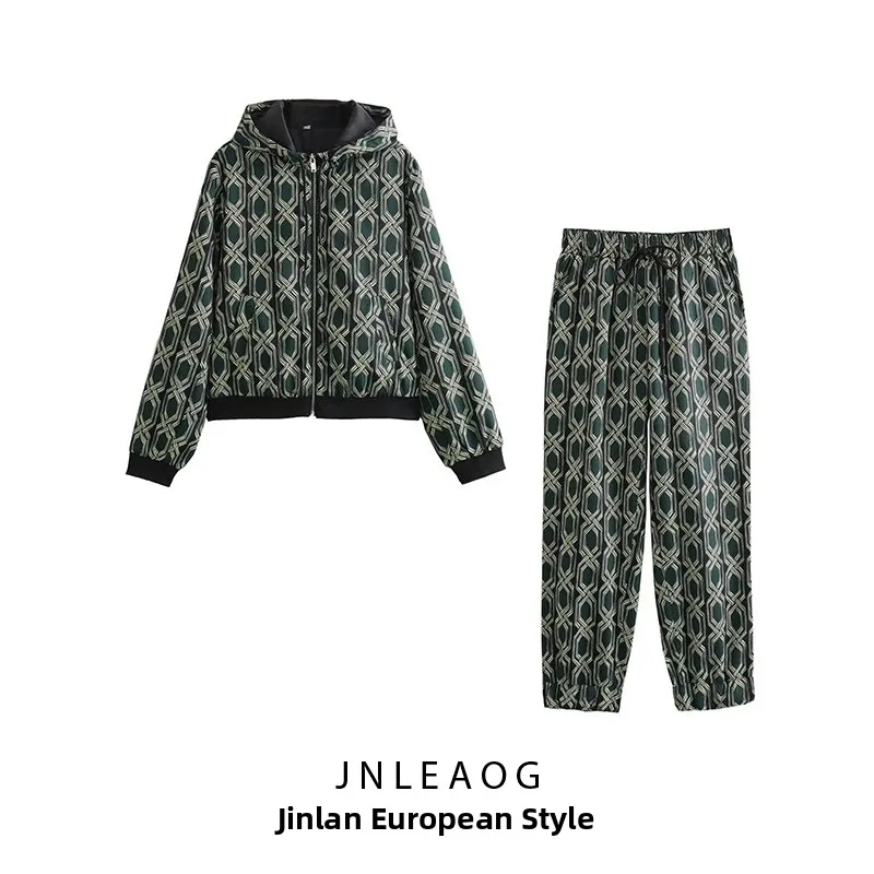 Conjunto de Moda Fena Casual de Outono JNLEAOG, Jaqueta de Manga Longa e Calças de Aodão para Corrida, Dois Peças