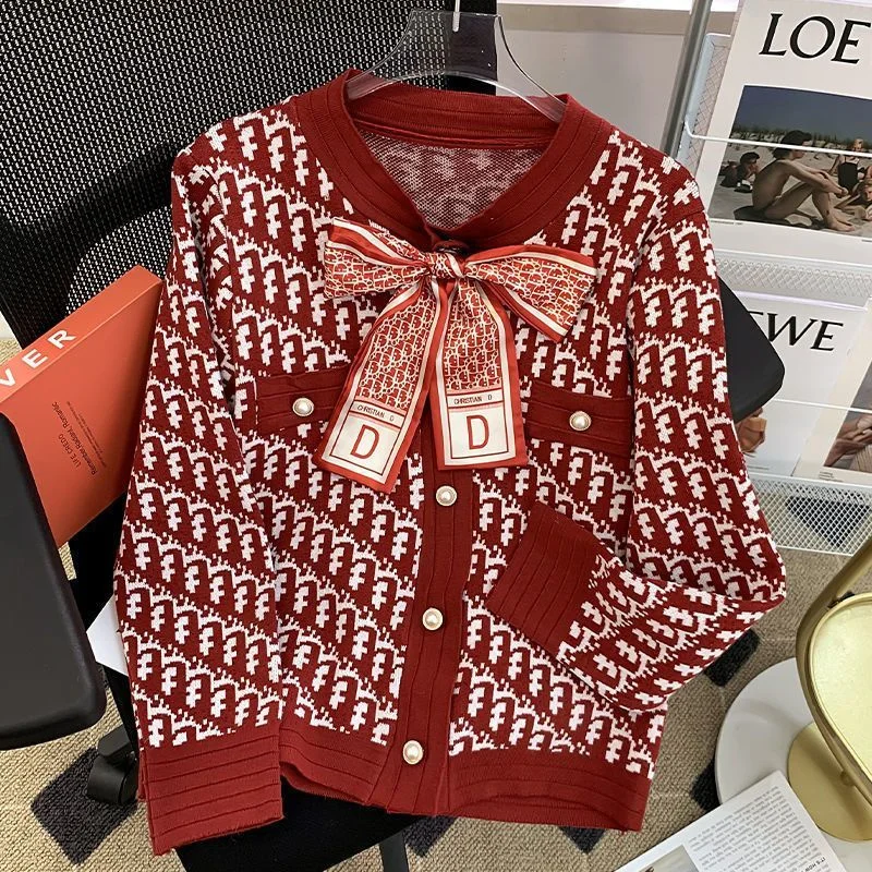 2024 New Spring Autumn Knitted Jacket Bow Design Fashion Women\'s Sweater Cardigan Coat Short Round Neck Casual Knitwear Tops