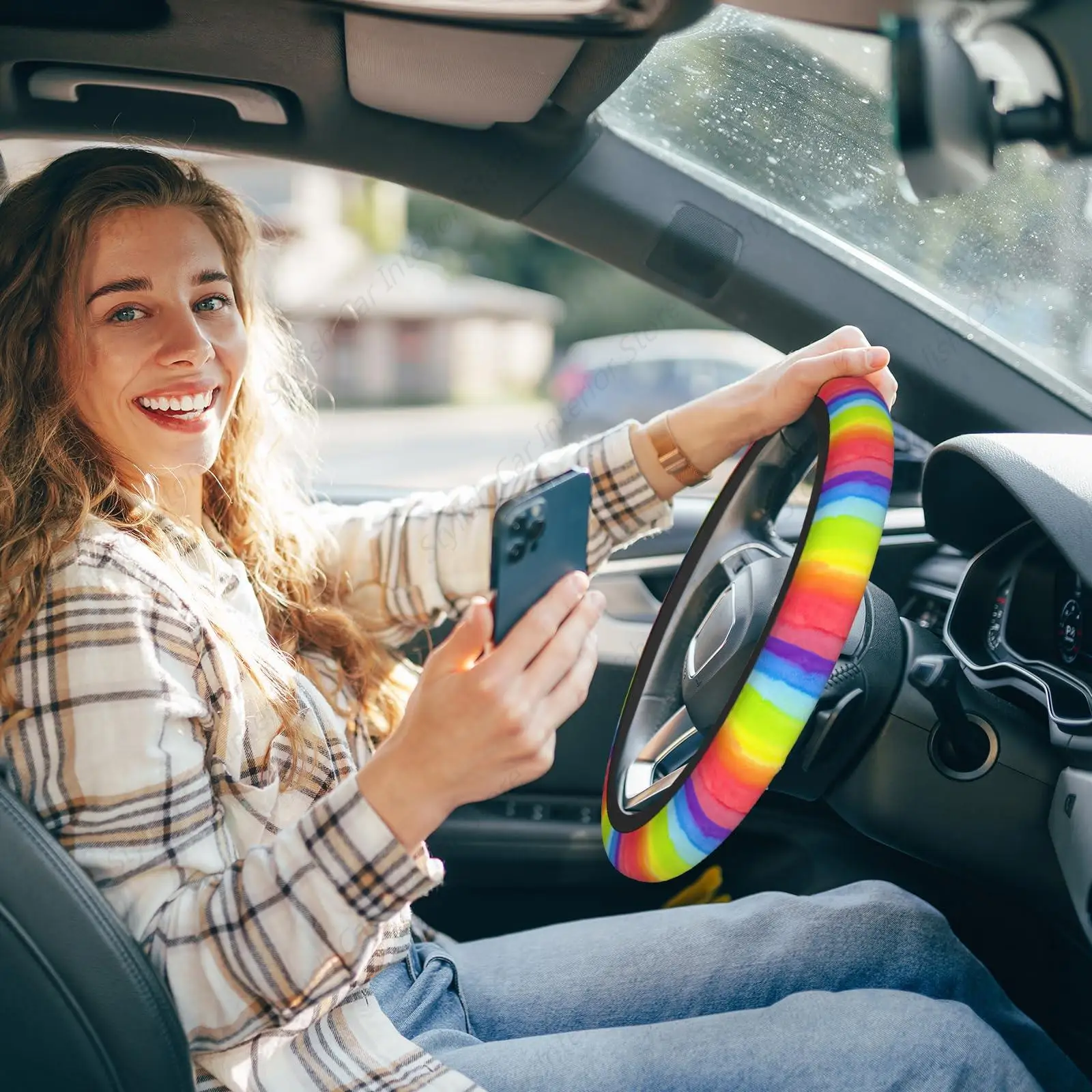 Rainbow Stripe Car Steering Wheel Cover Watercolor Colorful Stripes Universal Protector Steering Wheel Covers Car Accessories