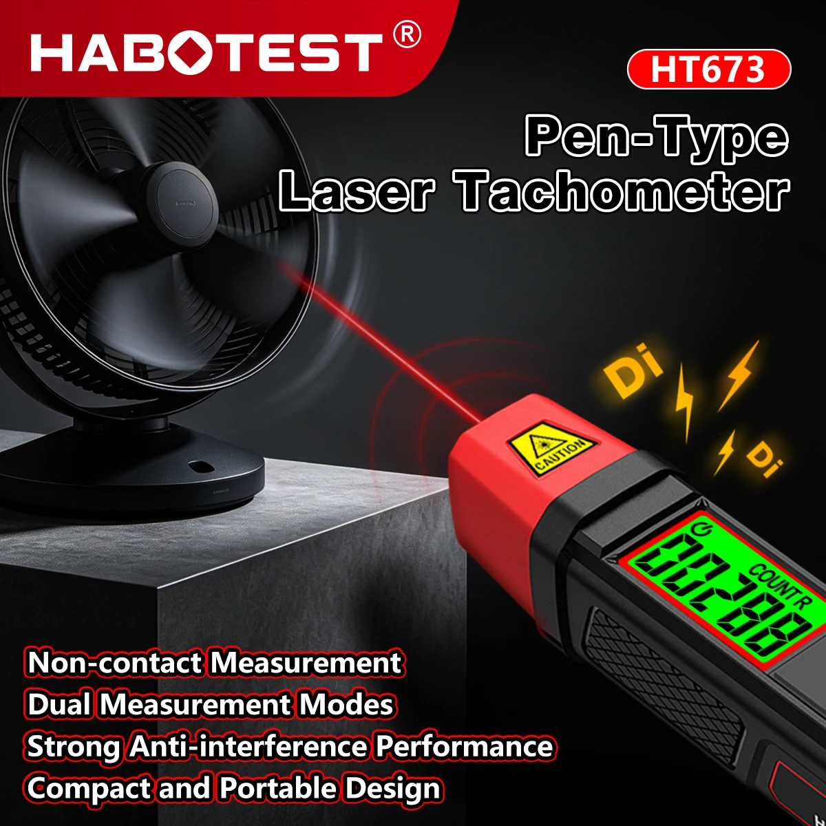 HABOTEST Neuer HT673 Stift-Laser-Tachometer Berührungsloser Digitaler Drehzahlmesser 10-99999 U/min Dualer RPM- und Zählermodus Tragbarer Geschwindigkeitstester – Detail 1