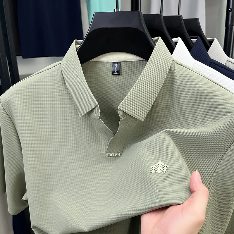 

Мужская модная однотонная летняя футболка Slim Fit с коротким рукавом, повседневная, с отложным воротником, для молодежи, на каждый день