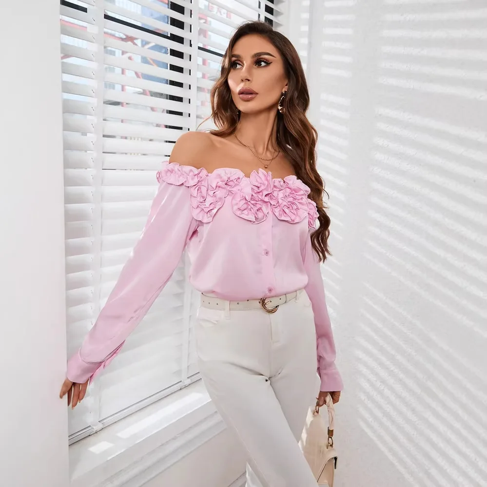 

Off Shoulder Ruffle Pink Chiffon Blouse Long Sleeve Sexy Shirt for Women Spring Summer Casual Party Date Night Wear