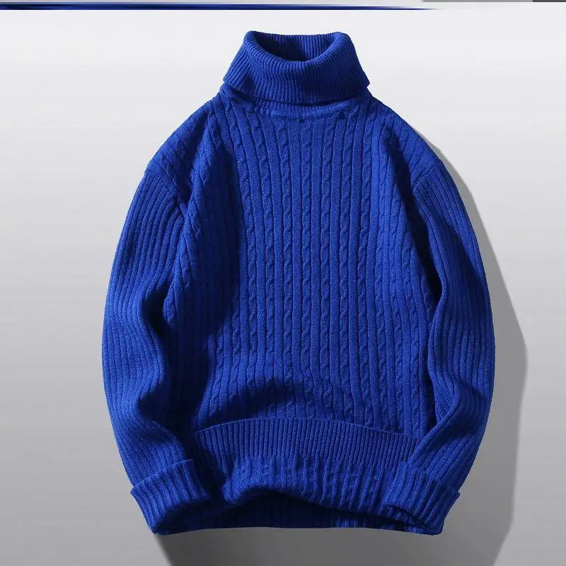 

Blue High Collar Men's Knitted Sweater Slim Fit Long Sve Thermal Color Overhead Twist Knitwear Spring 2025 Regular T...
