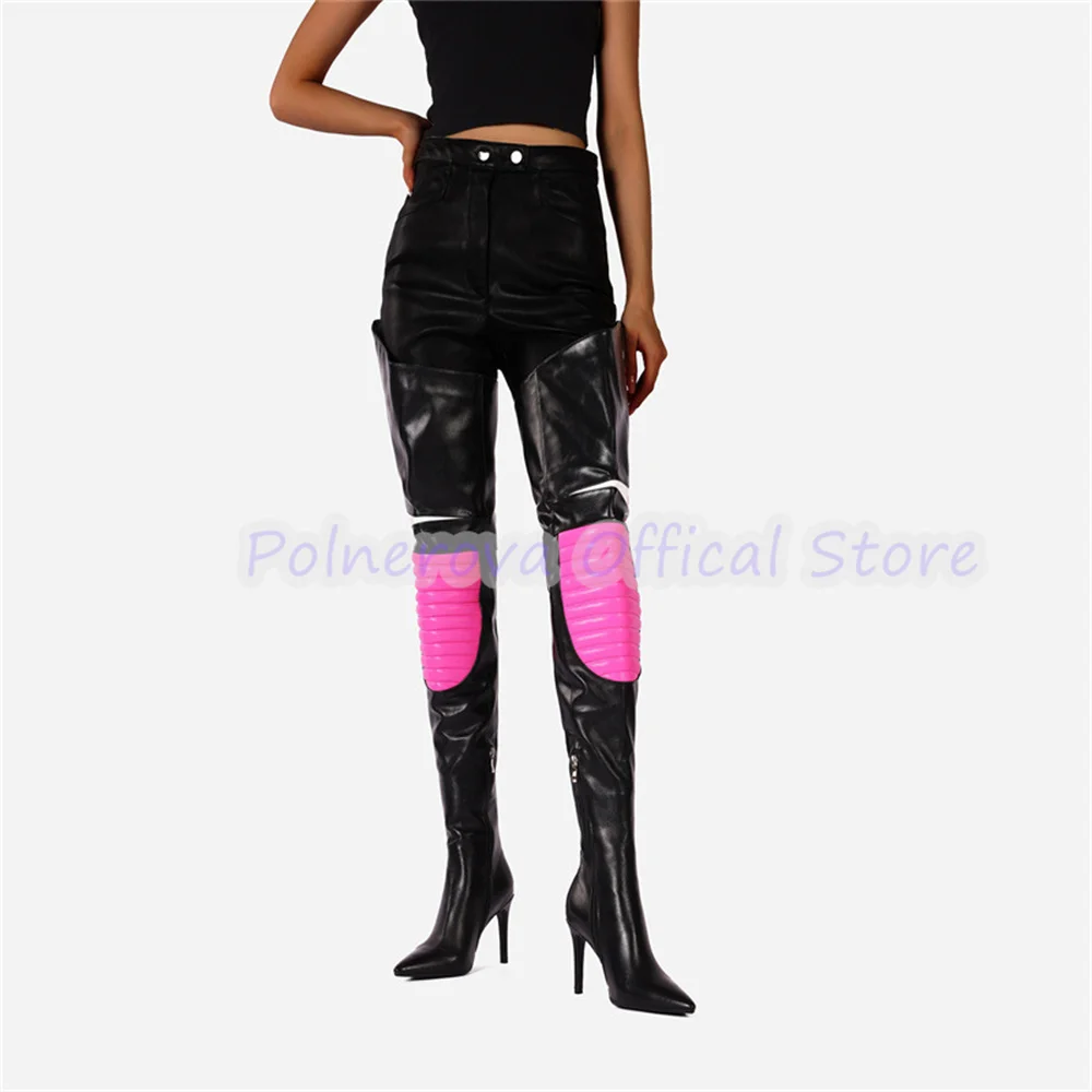 Sexy Mixed Color Patchwork Women Over the Knee Boots Pointed Toe High Heel Large Size Long Boots  Side Zipper Motorcycle Boots