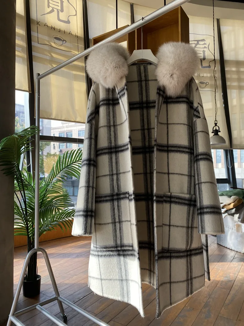 New Autumn Winter Real Fur Coat Women Cashmere Wool Blends Coats Plaid Double-sided Long Outerwear with Real Fox Fur Collar