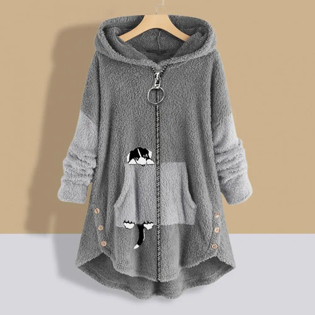 Hooded Long Sleeve Zipper Placket Cartoon Dog Pattern Pockets Women Coat Winter Double Sides Fleece Mid-Length Sweatshirt Coat