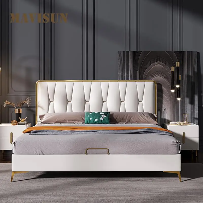 Wooden Bed  Frame And Mattress Italian Luxury Bedroom Furniture Set Modern King Size Upholstered Genuine Leather Double Bed Base