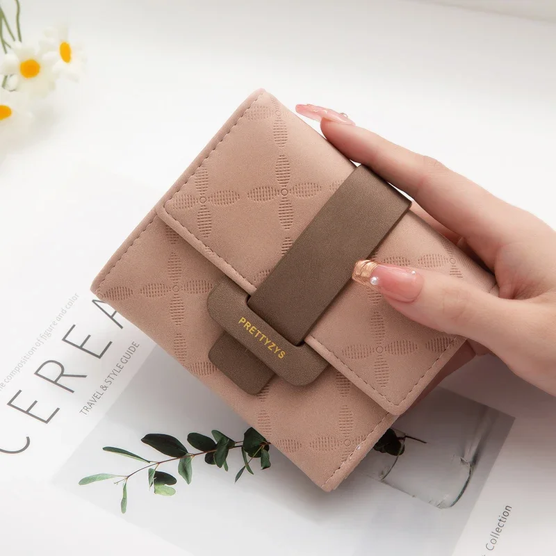 

Purse Female Korean PU Plaid Buckle Simple Multi-card Folding Triple Fold Bag Large Capacity Student Ladies Daily Trav