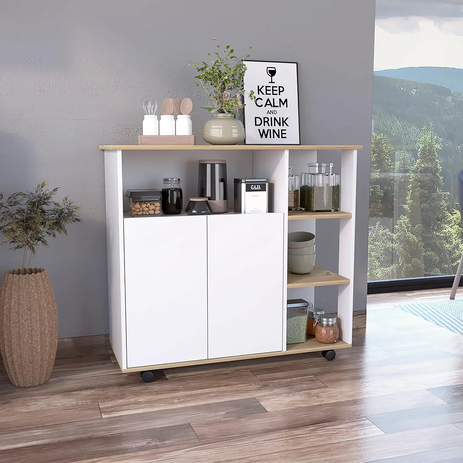 Kitchen Island Cart 35.43x39.37x15.75in Oak & White, 4 Locking Casters, 4 Shelves & Cabinet, Mobile Kitchen Storage, Customized