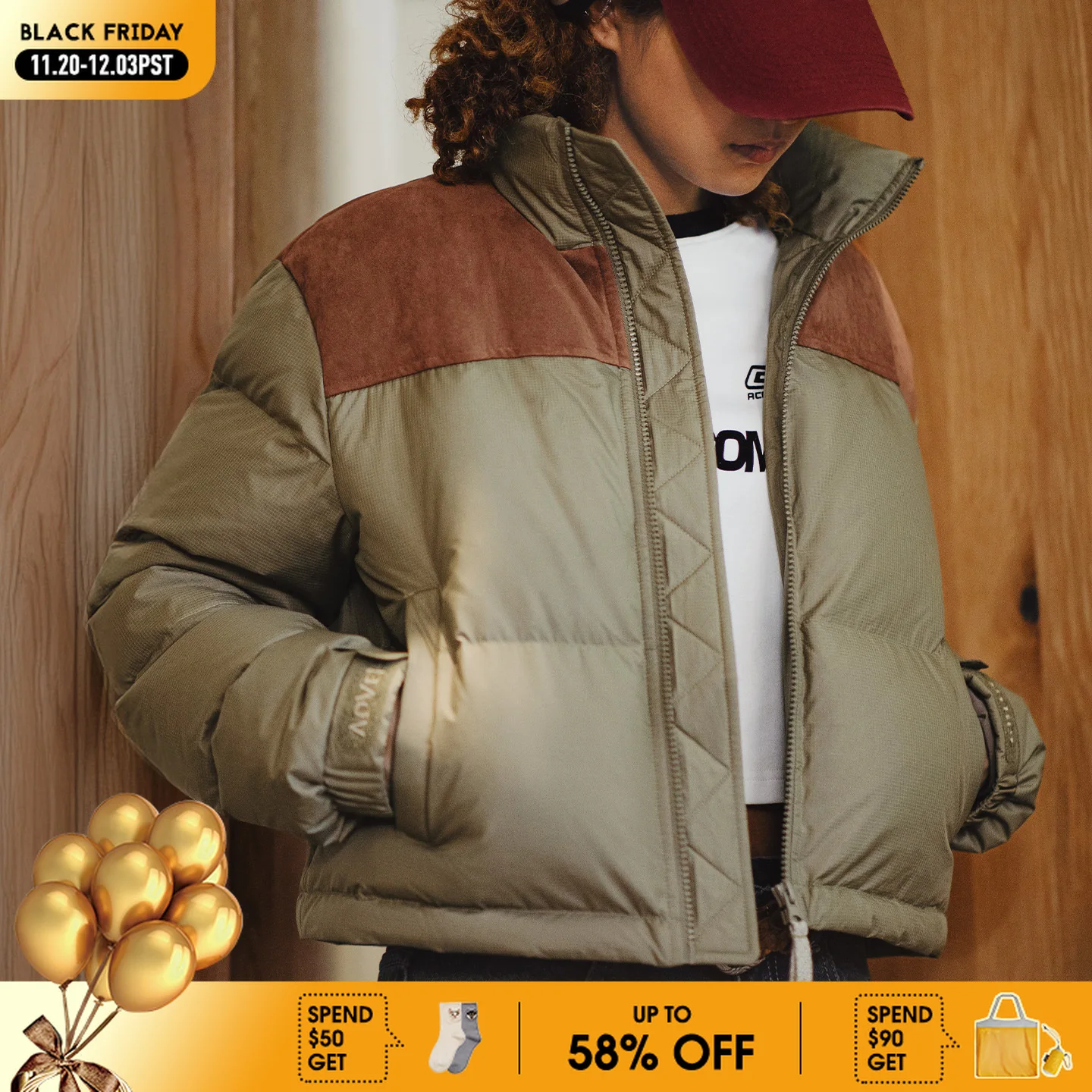 

Maden Women's Short Down Jacket 90% Duck Down Warm Thick Cropped Puffer Coat Retro Suede Patchwork Stand Collar Winter Outerwear