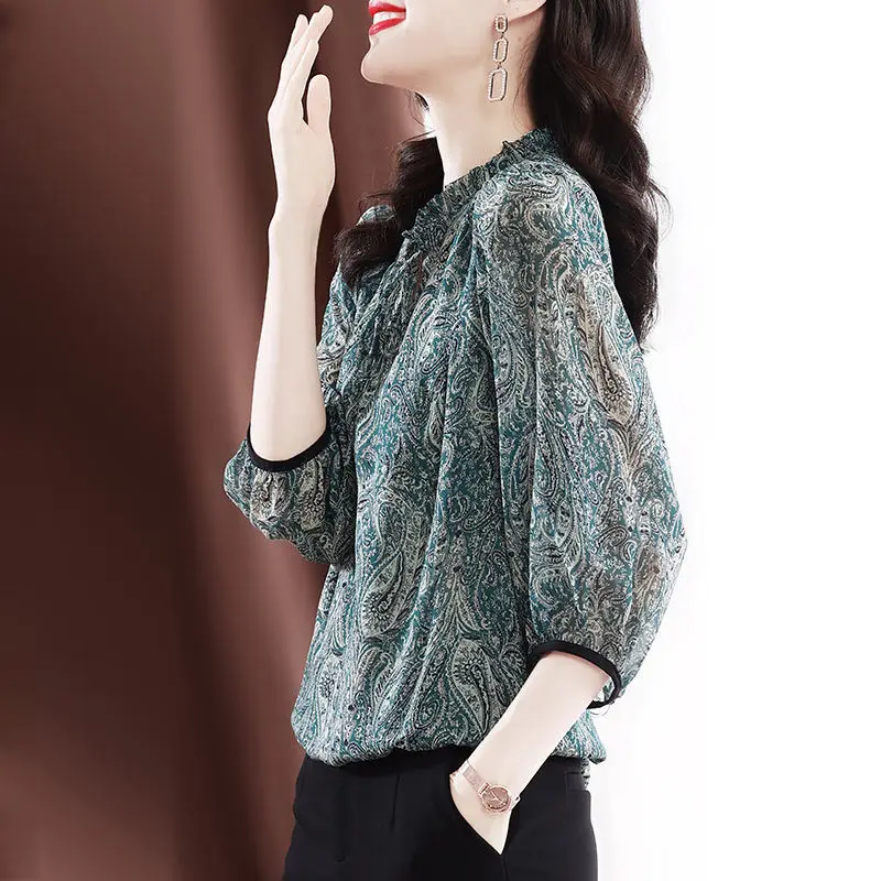 

Fashion silk shirt shirt female blouse 2023 summer new seven-point sleeve design streamer high-end mulberry silk blouse top