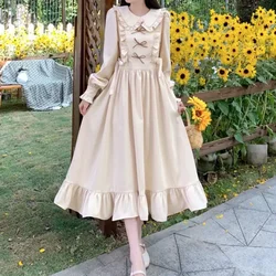 Vintage Preppy Style Dress Women Elegant Korean Fashion Ruffles Patchwork Bow 2024 Spring Long Sleeve Dresses Loose Robe