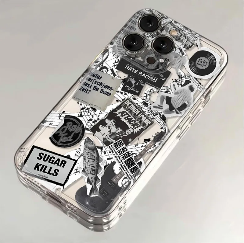 

Stylish Music Note Collage Phone Case For iPhone 11 12 13 14 15 16 17 Pro Max XS X XR 7 8 Plus 16E Air Shockproof Soft TPU Cover