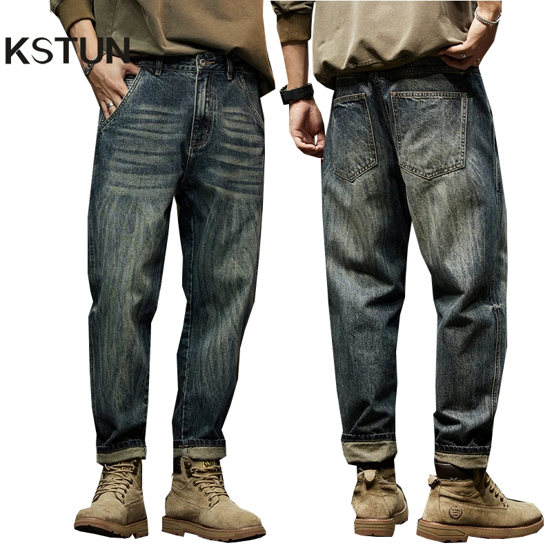 

KSTUN Jeans For Men Baggy Pants Loose Fit Harem Pants Blue Men's Clothing Casual Large Man Denim Trousers Quality Oversized 40