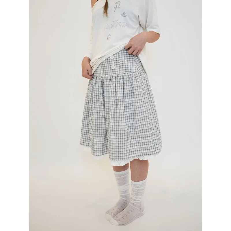 Japanese Style Lace Patchwork Sweet A-line Skirt Women 2026 Spring High Waist Pleated Loose Plaid Knee Length Skirt