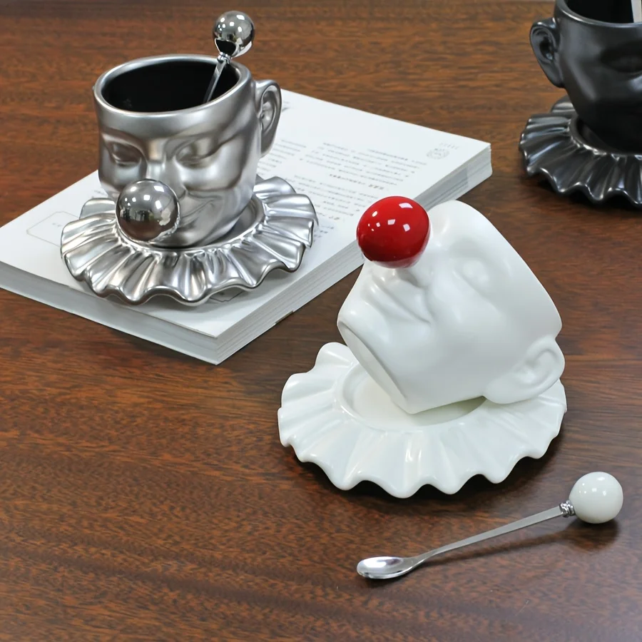 

European Vintage Creative Face Sculpture Ceramic Coffee Mug Cup Saucer Set Abstract Home Decor