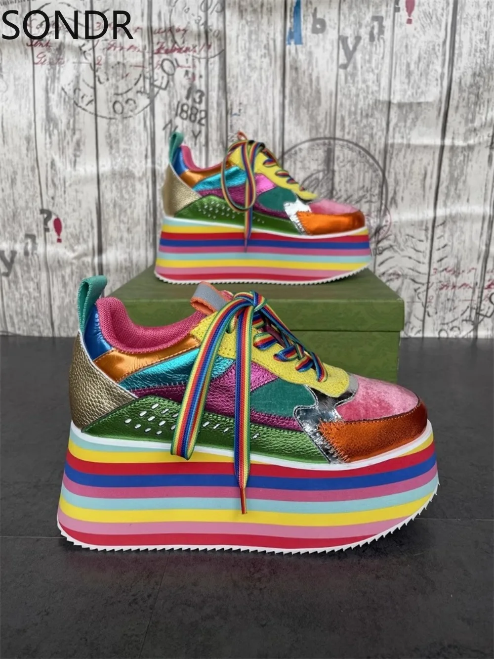 Womens Genuine Leather Sneakers Rainbow Colors Shoes Platform High Heel Casual Luxury New 2024