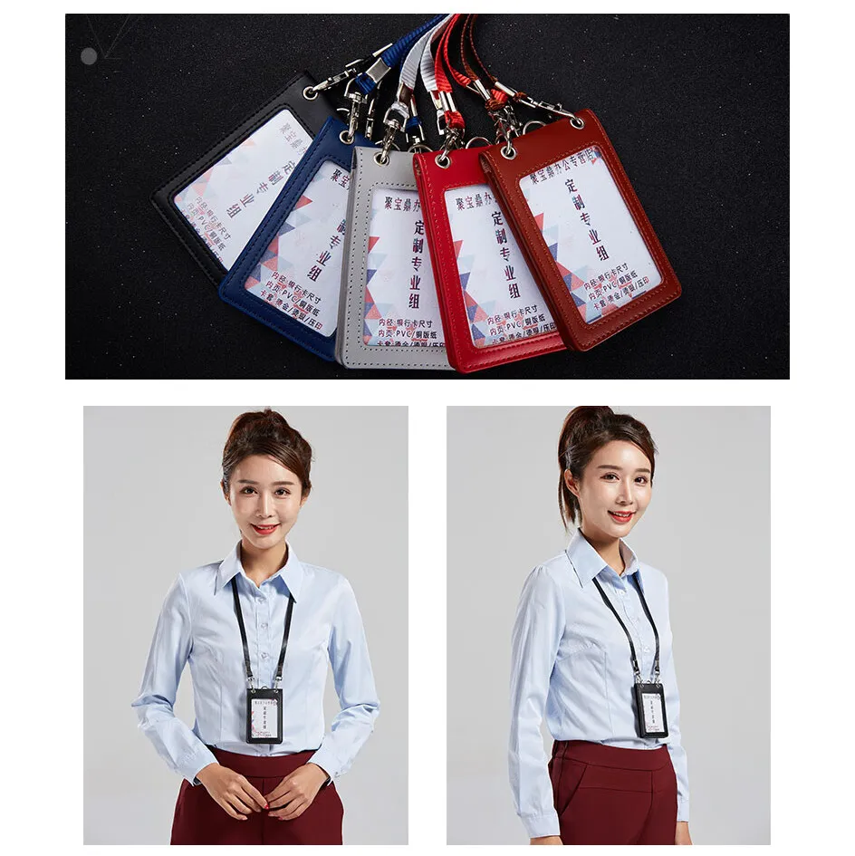 High Quality Reporter Work Card Neck Lanyard Badge ID Credit Card Holder Genuine Leather Business Air Hostess Name Tag Id Cases