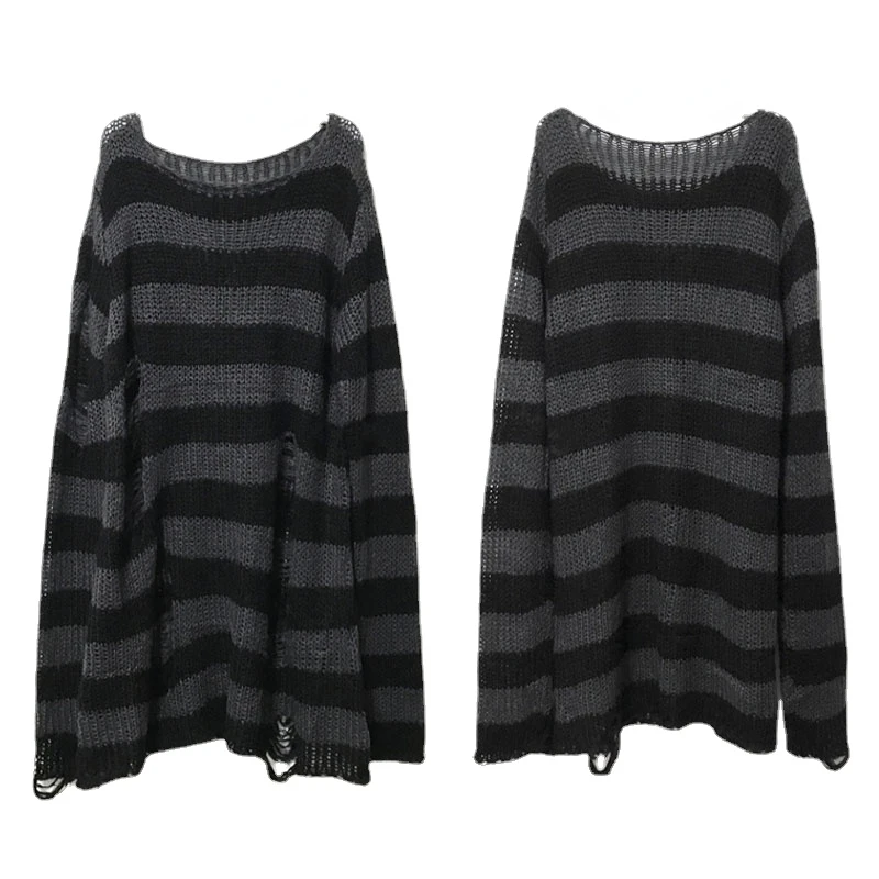 Sweter Uniseks Panjang Punk Gothic Baru Atasan Streetwear Tipis Gelap Batu Longgar Jumper Rusak Lubang Berongga Keren Bergaris Wanita Musim Panas