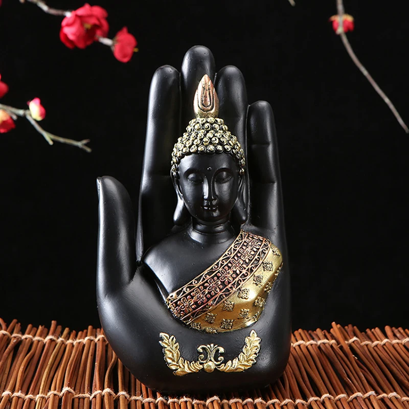 Buddha Sitting in Hand Statue Resin Buddhist Figurines Sculpture Thai Buddha Ornaments Home Decoration Crafts, Black