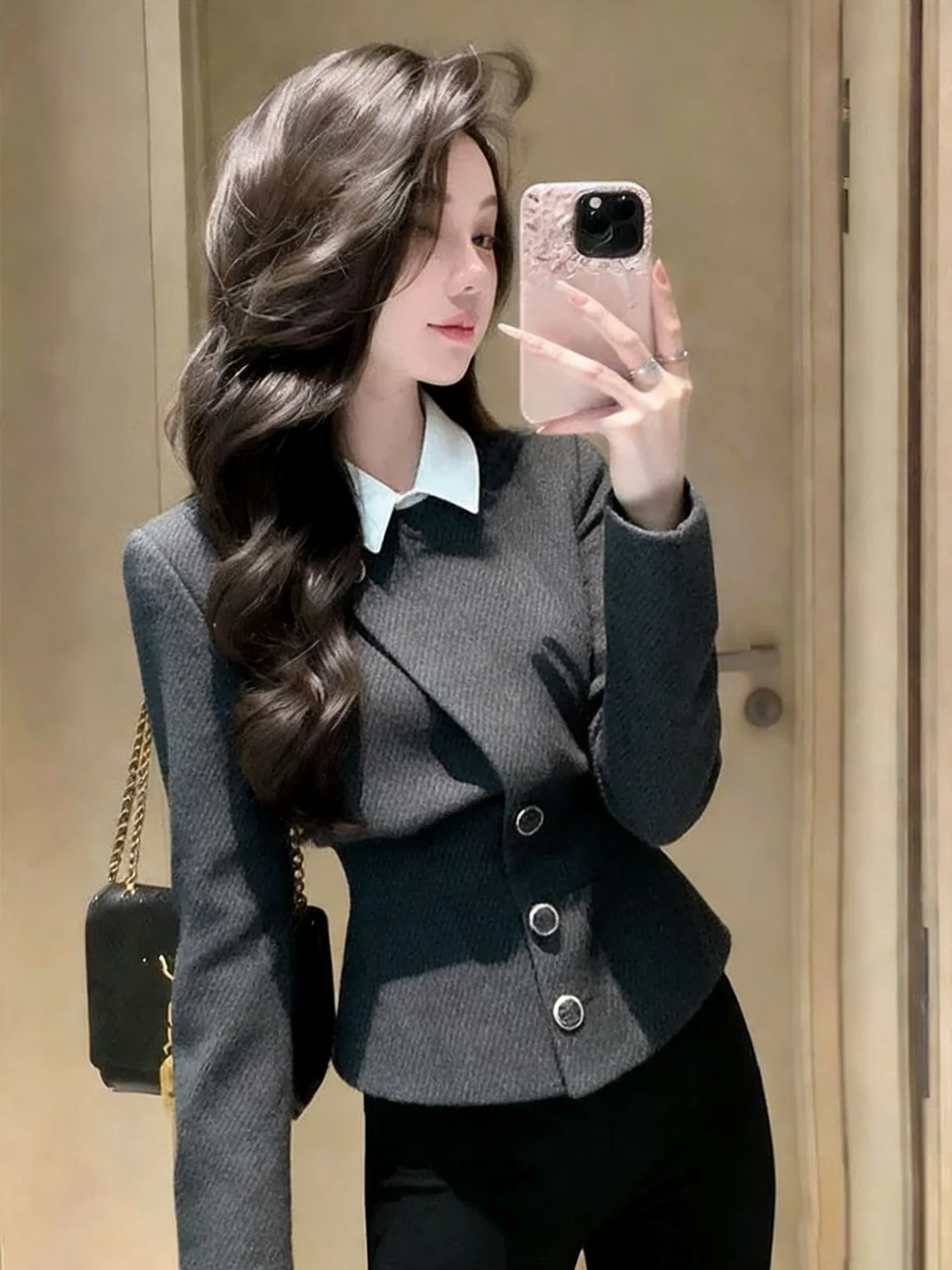 

Women's ort Suit Jaet 2026 Spring Autumn Contrast Color Button Slimming Asymmetrical Commute Outerwear Stand Fit