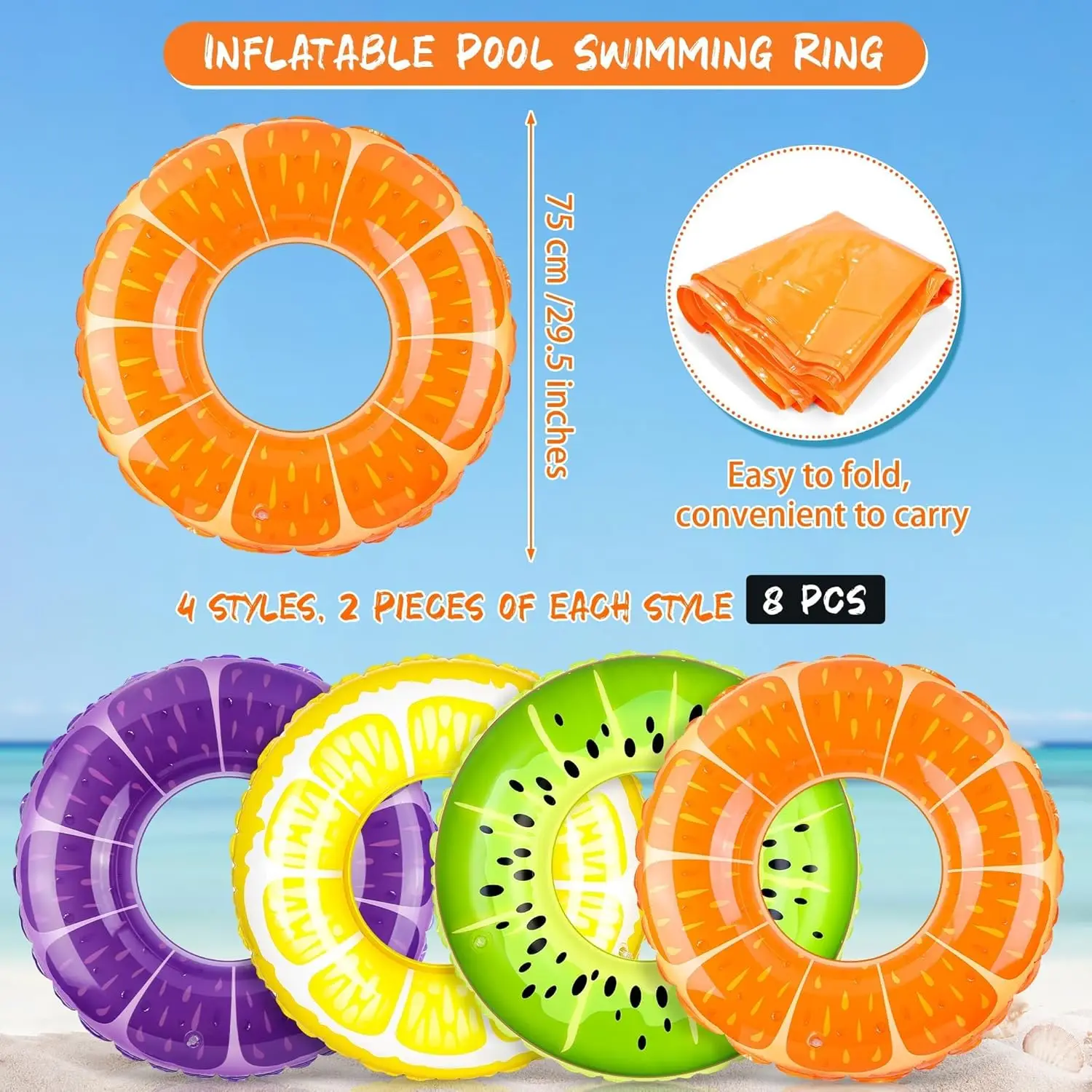 8 Pack Inflatable Pool Rings Set 29.5 Inch Swim Tubes Floats in Fruit Designs Orange Lemon Grape Kiwi for Big Beach Swimming Wat