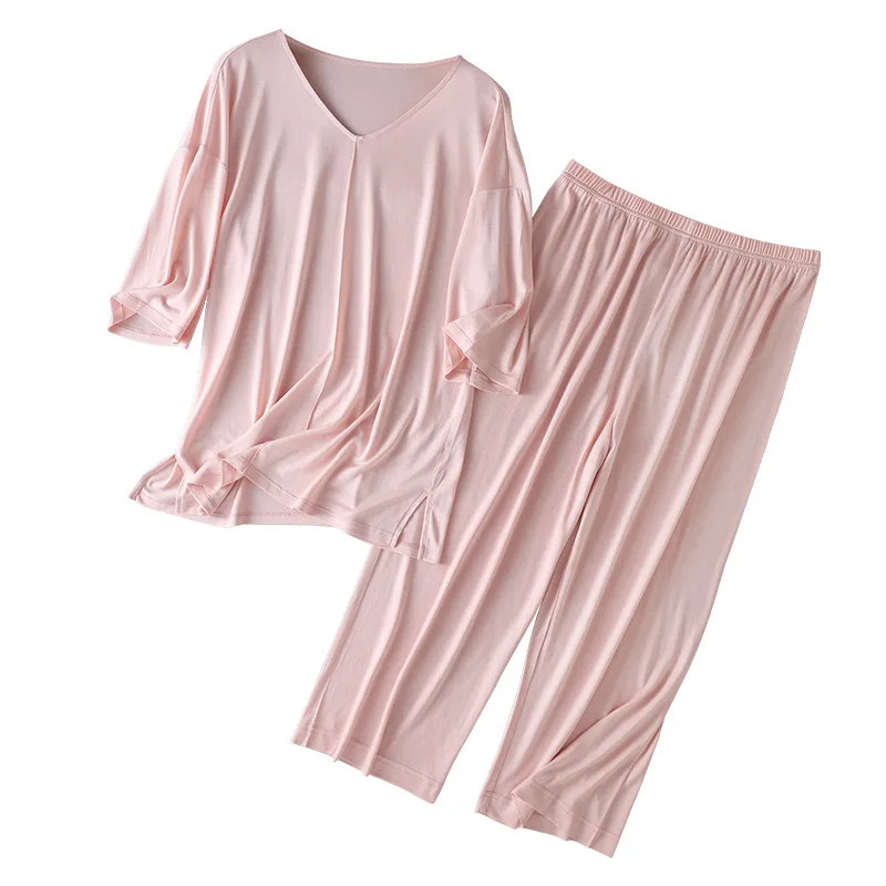 100% Mulberry Silk Pajama Set, 5-Point Sleeve Top + 7-Point Pants, Loose Plus Size Sleepwear