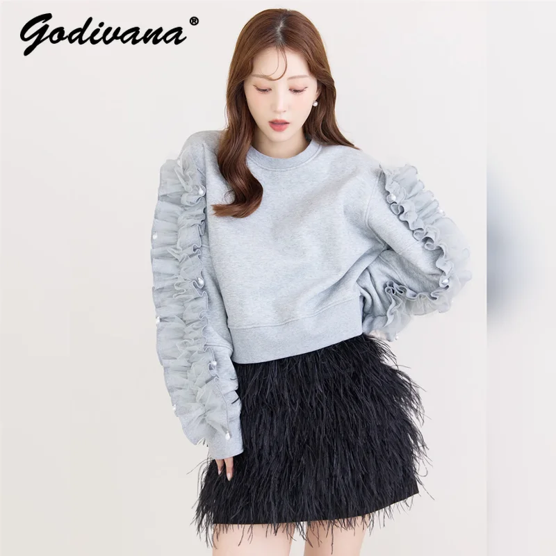 New Autumn Japanese Style Casual Female Lace Pleated Sleeve Pullover Sweatshirt Short Top Solid Color Women's Cropped Hoodies