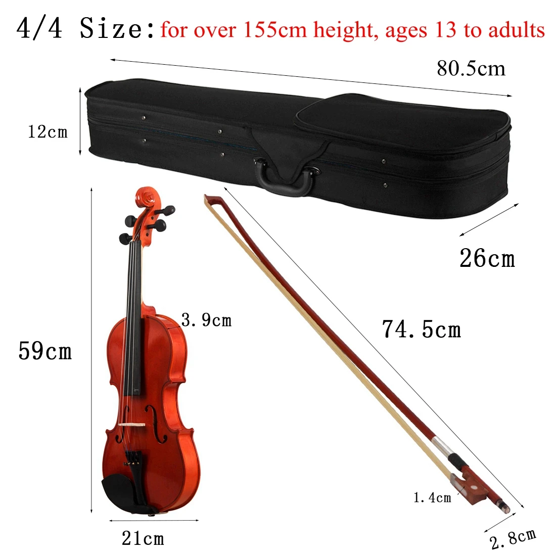 4/4 3/4 1/2 Acoustic Violin for Violin Beginner with Case & Bow,Natural Color Fiddle