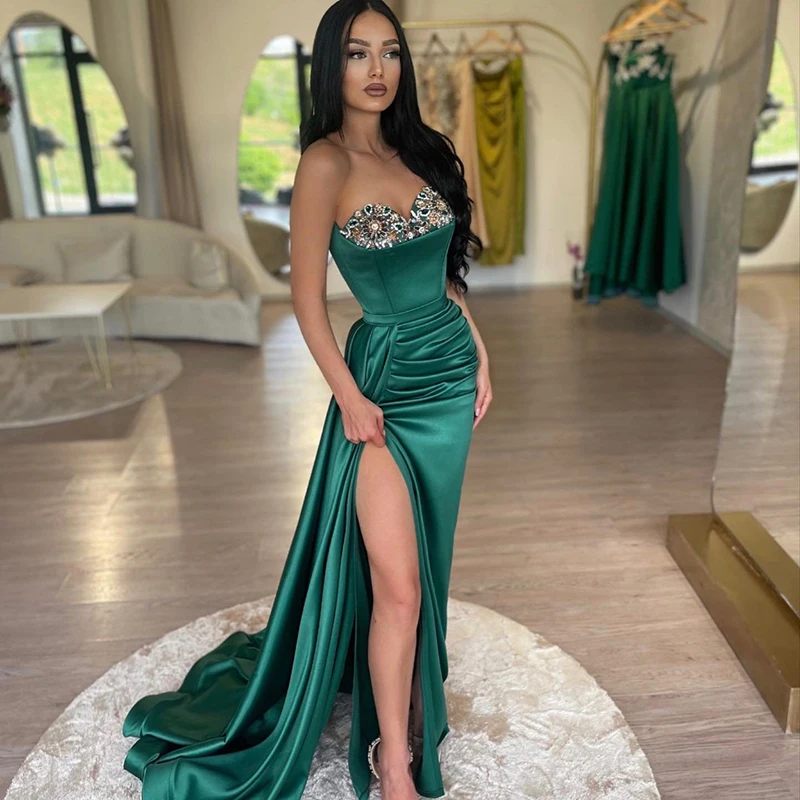 

Thinyfull Formal Mermaid Prom Evening Dresses Green High Split Beadings Floor Length Satin Cocktail Party Prom Gowns Custom Size