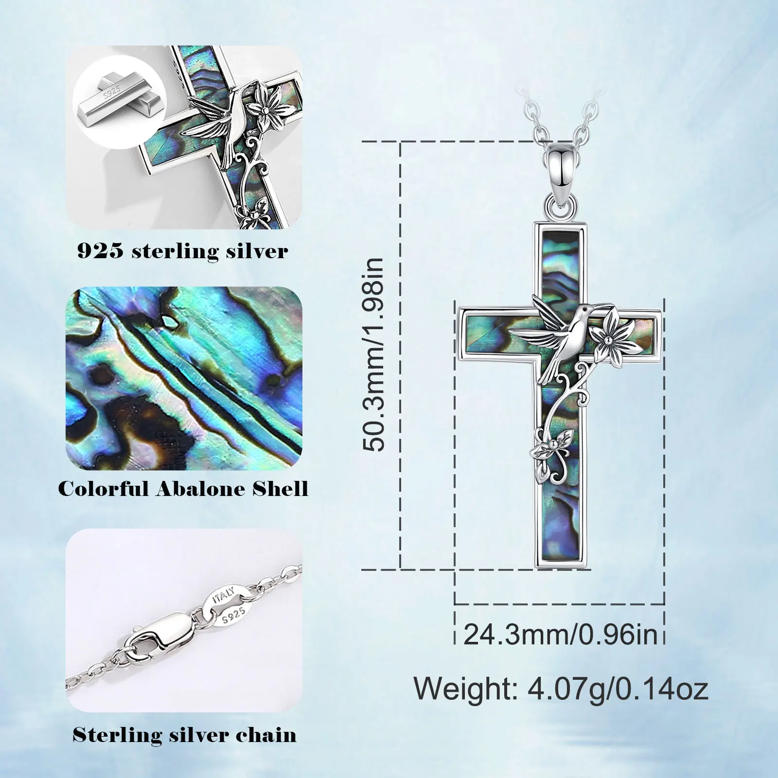 Eudora 925 Sterling Silver Cross Hummingbird Necklace for Women Man Natural Abalone Shell Pendant Religious jewelry Fine Gift