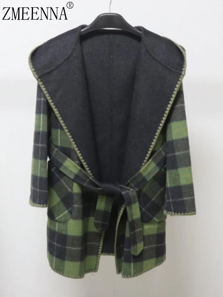 

ZMEENNA женская клетчатая шерстяная куртка двустороннее пальто с капюшоном зеленый черный серый клетчатый теплая верхняя одежда с завязками на талии ZM4176