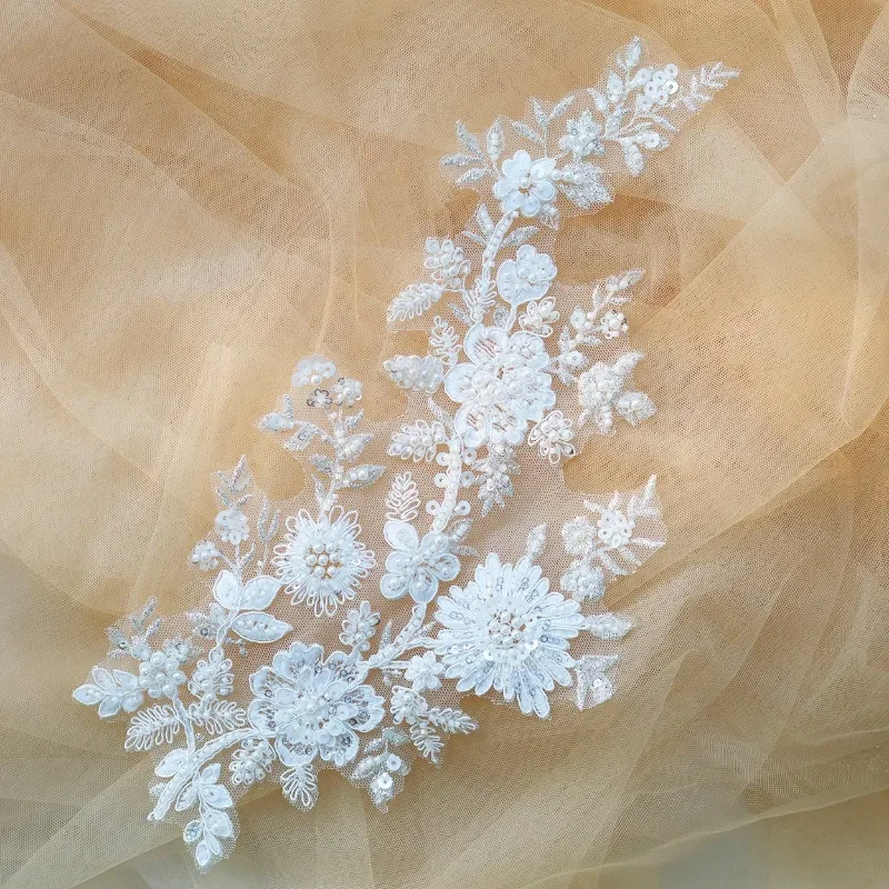 3Pairs New pearl embroidery lace flower DIY accessories high-end pearl embroidery lace patch patch