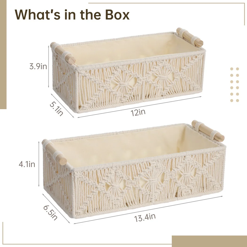 2Pcs Storage Baskets Boho Storage Boxes Macrame Woven Baskets With Wood Handles Boho Decor Shelf Baskets For Bathroom Bedroom