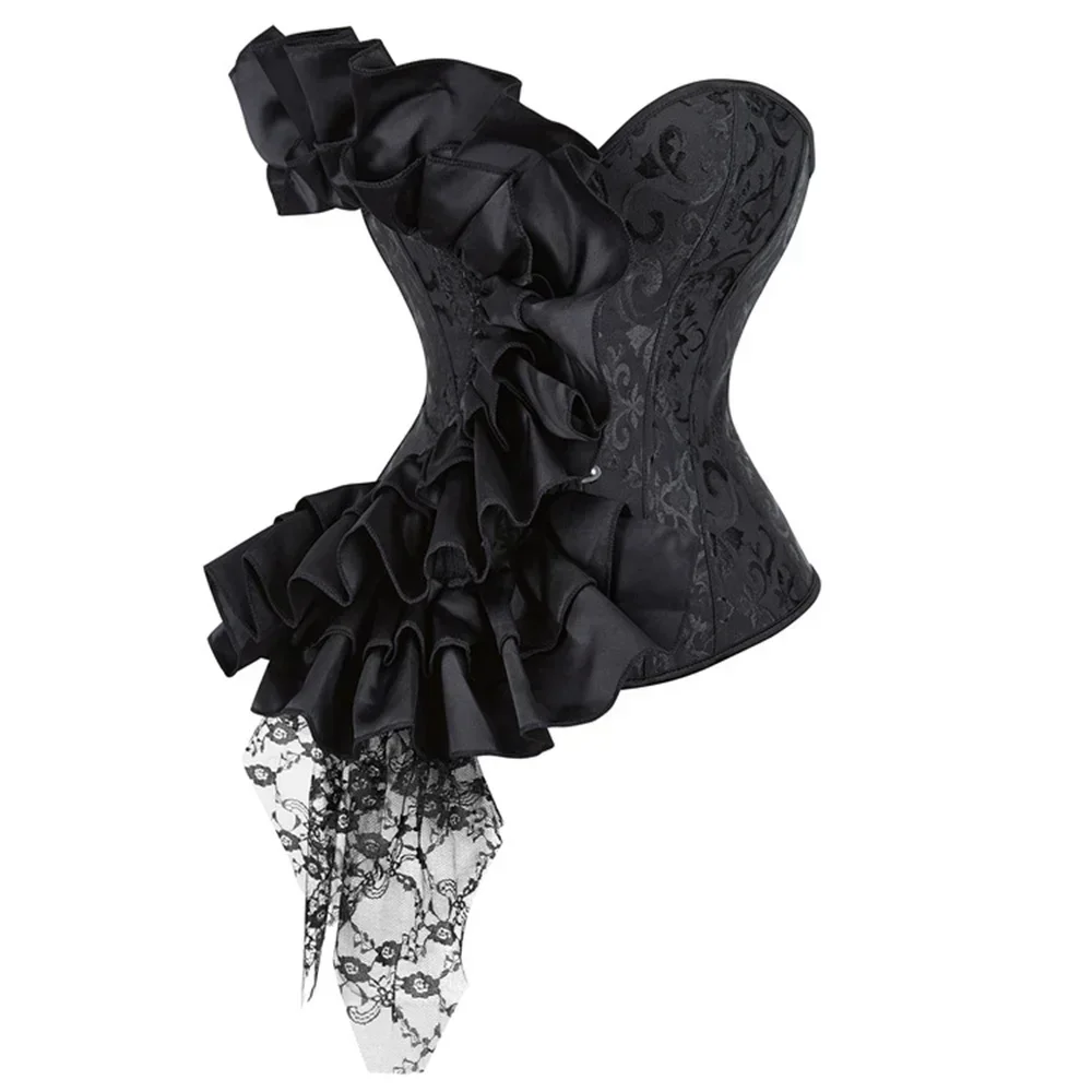 Women Black Bustiers And Corset Top Ruffle Lace Decoration Gothic Waist Trainer Body Shaper Sexy Masquerade Corsets