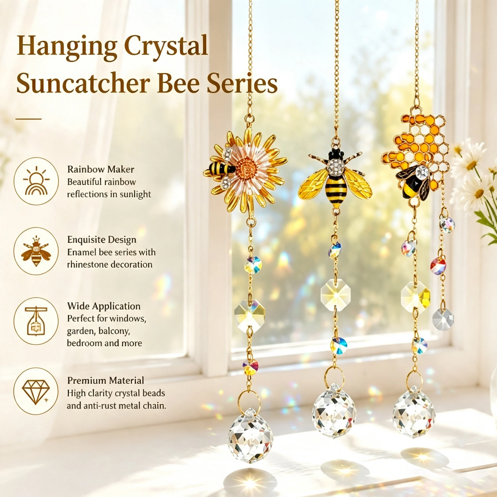 Hanging Crystal Suncatcher Bee Daisy Honeycomb Ornament Crystal Prism Rainbow Maker Window Garden Decorative Holiday Present